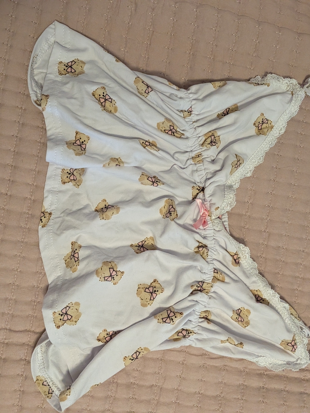 White Teddy Bear Print Lace-Trim Sleep Set